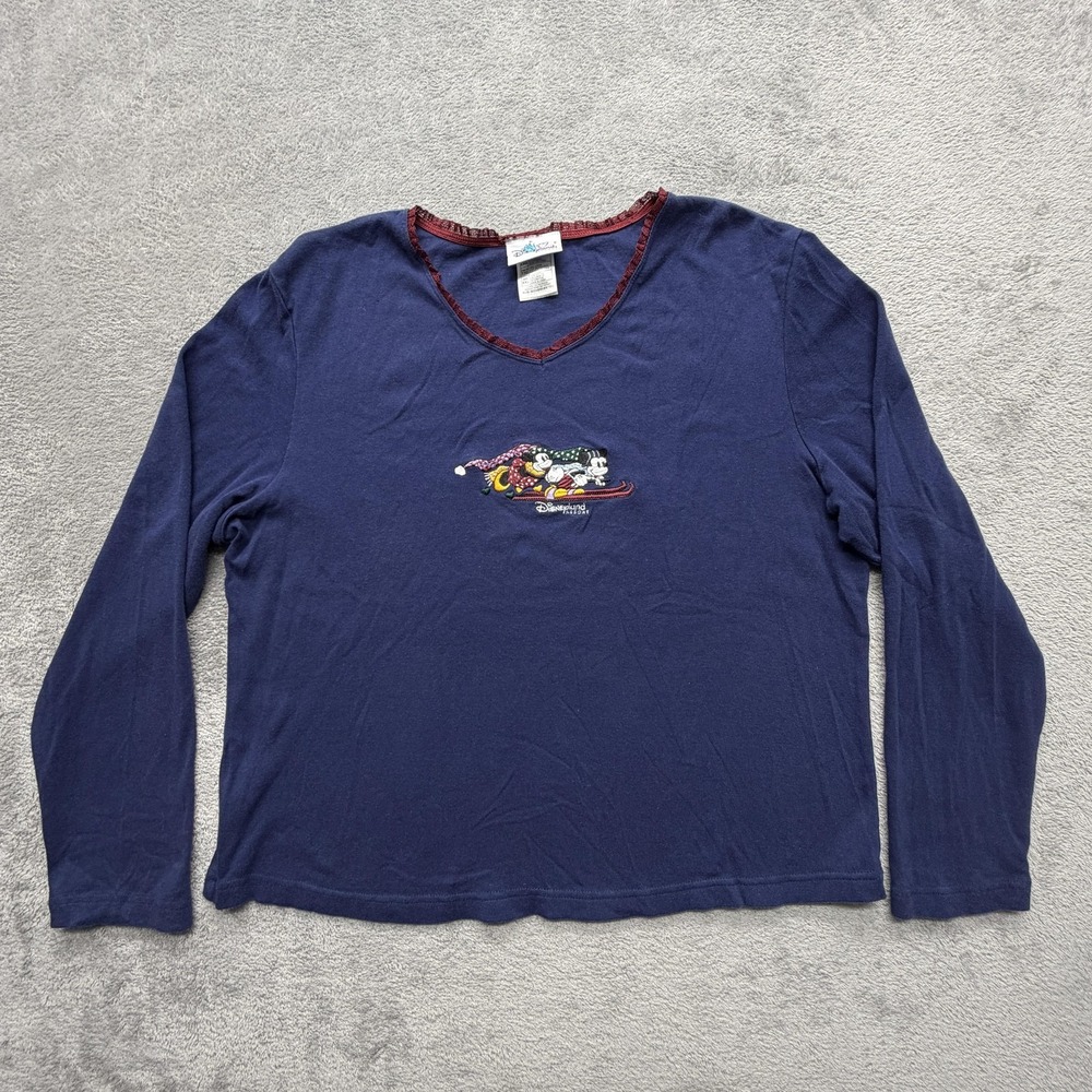 Disneyland Resort Shirt Womens XXL Blue Long Sleeve V-Neck Embroidered Mickey
